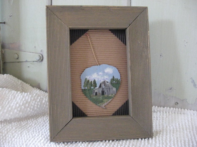 Original Painting Weathered Arkansas Barn on Real Pear Leaf Framed in Barn Wood Frame Wall Hanging Home Decor
