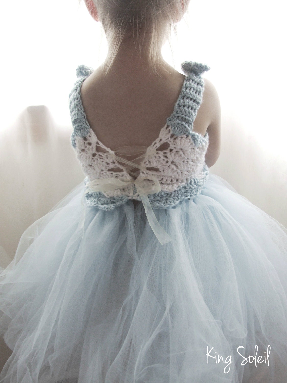 Flower Girl Tutu Dress Crochet Bodice Special Occasion Vintage Inspired Baby Blue and White Toddler Size 4 to Child Size 8