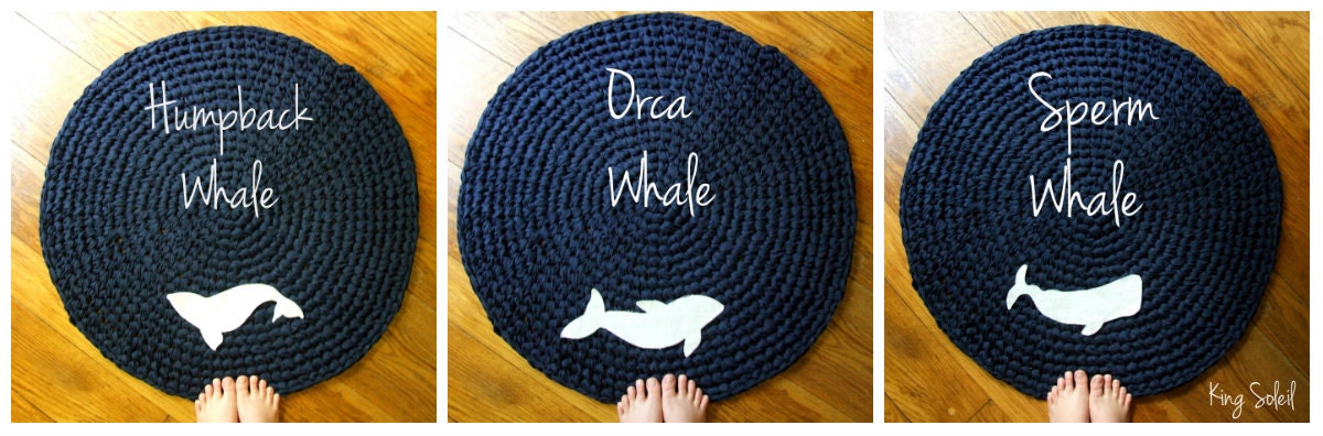 Crochet Whale Rug Nautical Navy Blue with White Applique Whale Silhouette Custom Design Cotton Round Rug