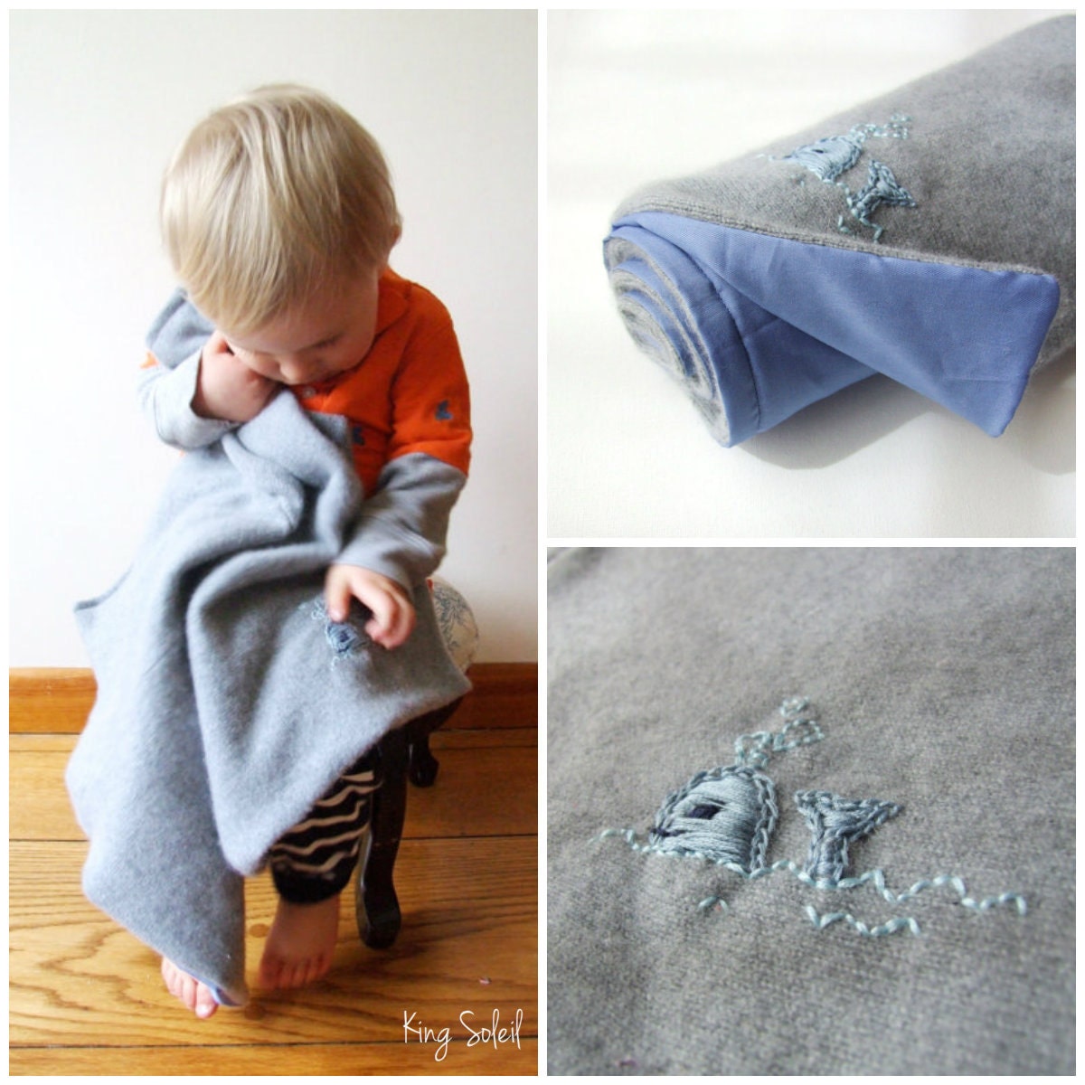 Cashmere Baby Blanket Organic Cotton Back Upcycled Sweater Baby Boy Blanket Nautical Embroidered Whale One of Kind Grey and Blue SALE