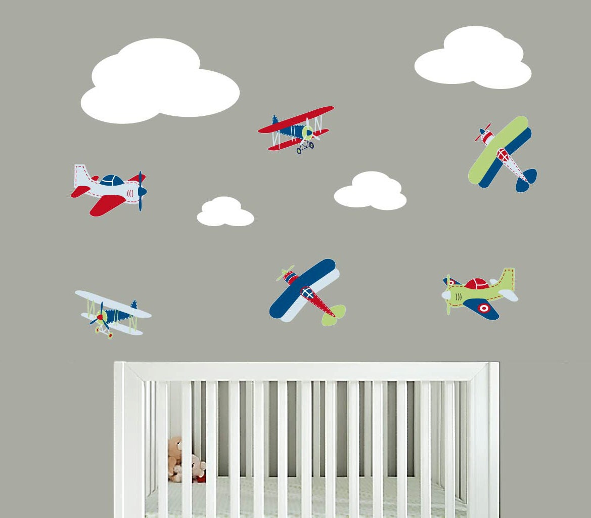 Kids childrens vinyl wall decal Vintage AirPlanes set of 6 and 4 clouds Great for boy nursery