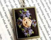 Lavender and Brown Embroidered Flower Pendant, Beaded - Silk Ribbon Embroidery By BeanTown Embroidery
