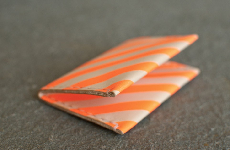 Leather Folded Card Case / Wallet - Orange Stripes