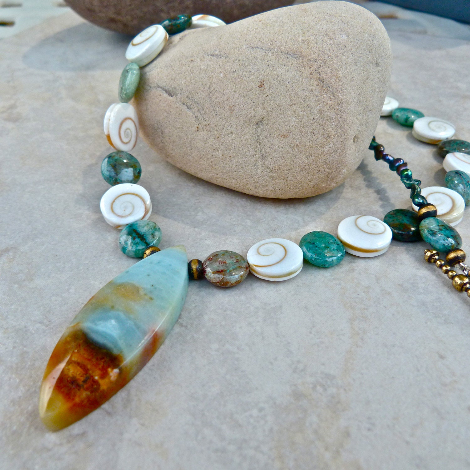Surf's Up Amazonite Shiva Shell Cuprite Pendant Necklace - Earrings - Blue Green Beach Statement Necklace