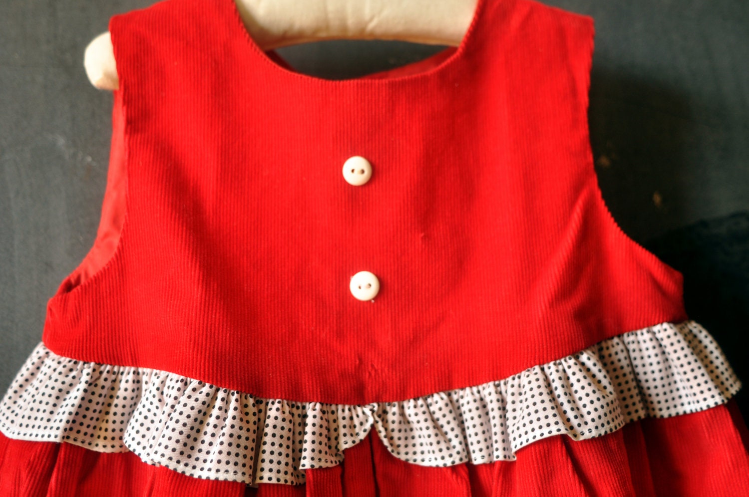 Two piece set, red corduroy dress, with puppy, and matching black and white polka dotted shirt, size 4T