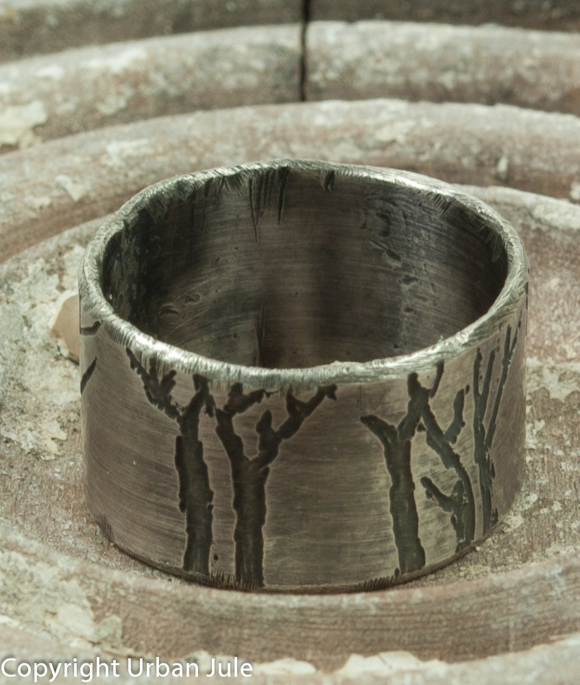 Tree Ring Sterling Silver Ring Etched Trees Unisex Rustic Tree Ring Promise Ring for HIm