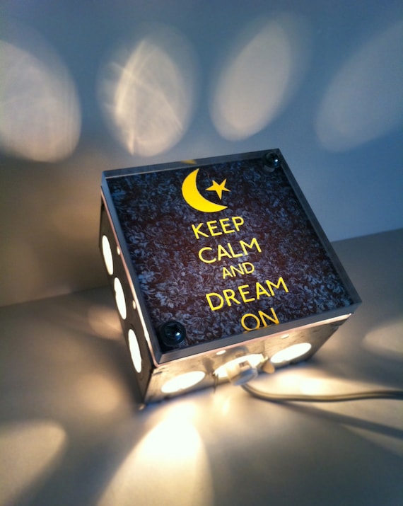 Keep Calm And Dream On Moon Print - Repurposed Vintage Dictionary Print Design Night Light