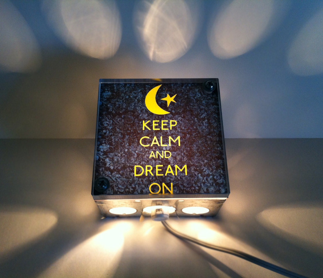 Keep Calm And Dream On Moon Print - Repurposed Vintage Dictionary Print Design Night Light