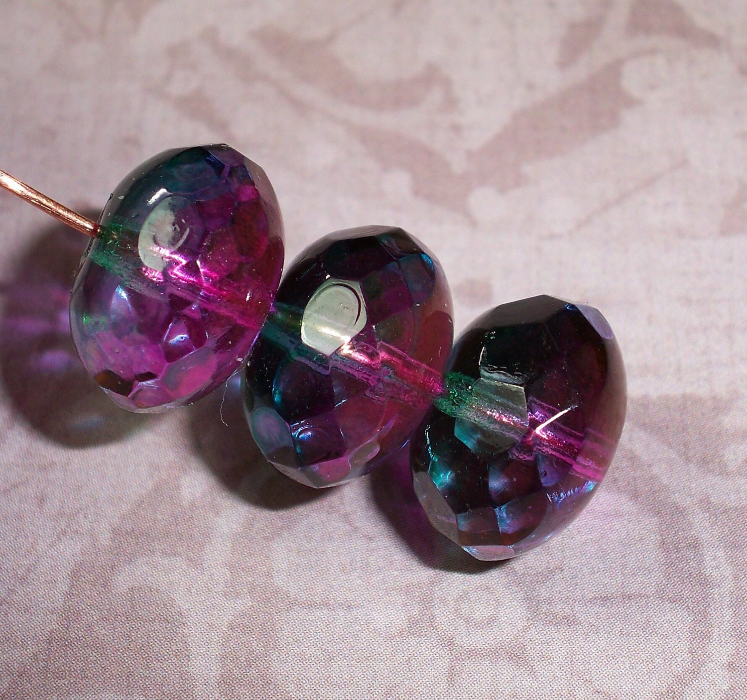 Purple Green Bead 9x14mm Czech Glass Faceted Rondelle GRAPE PUNCH (6)