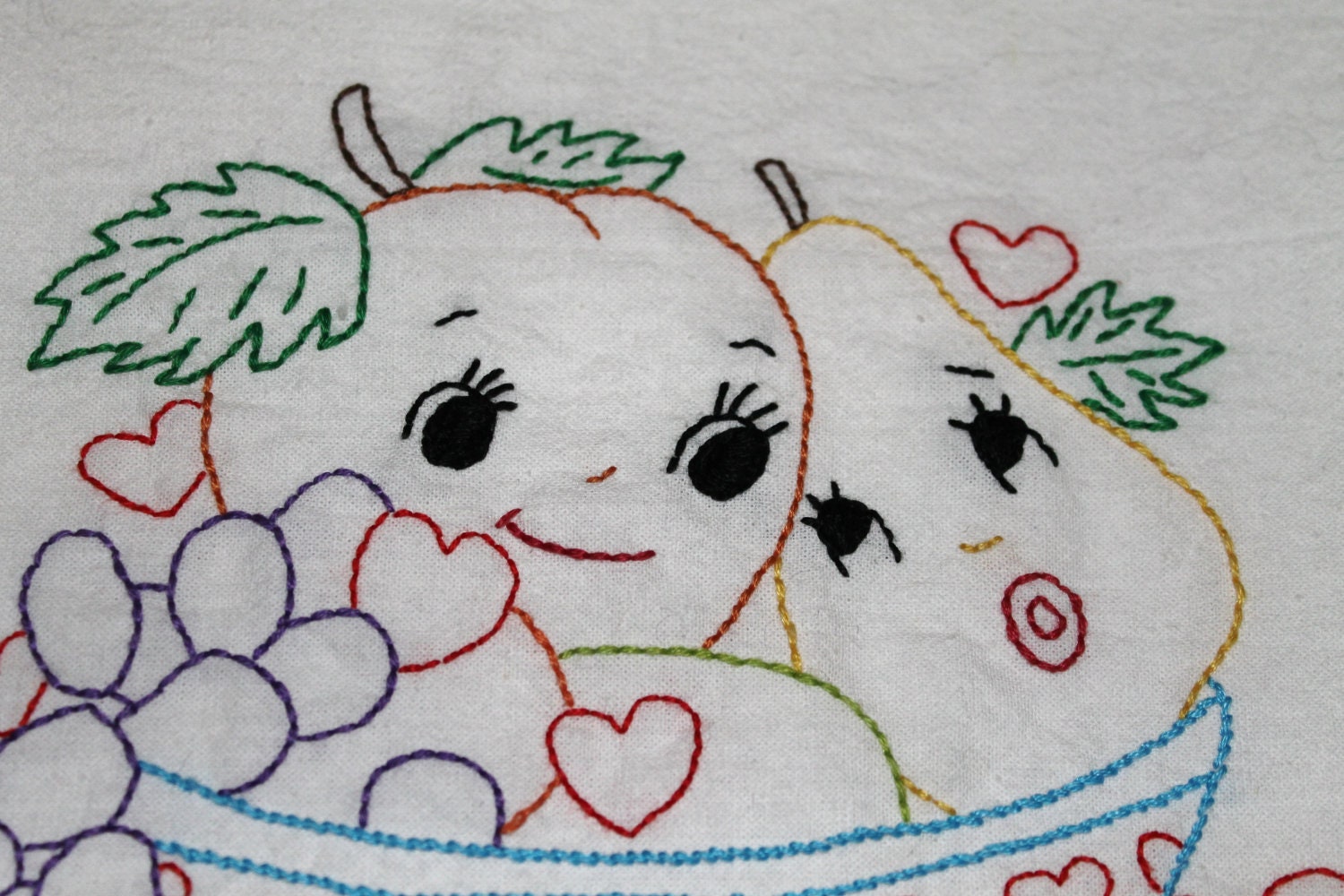 Hand Embroidered Towel Vintage Valentine Peach of a Pear Dish towel