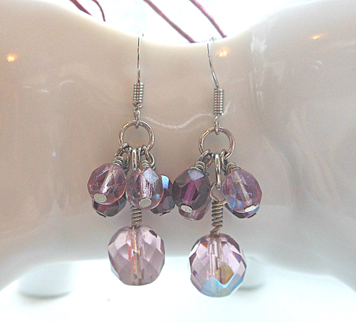 Purple Czech Bead Dangle Earrings