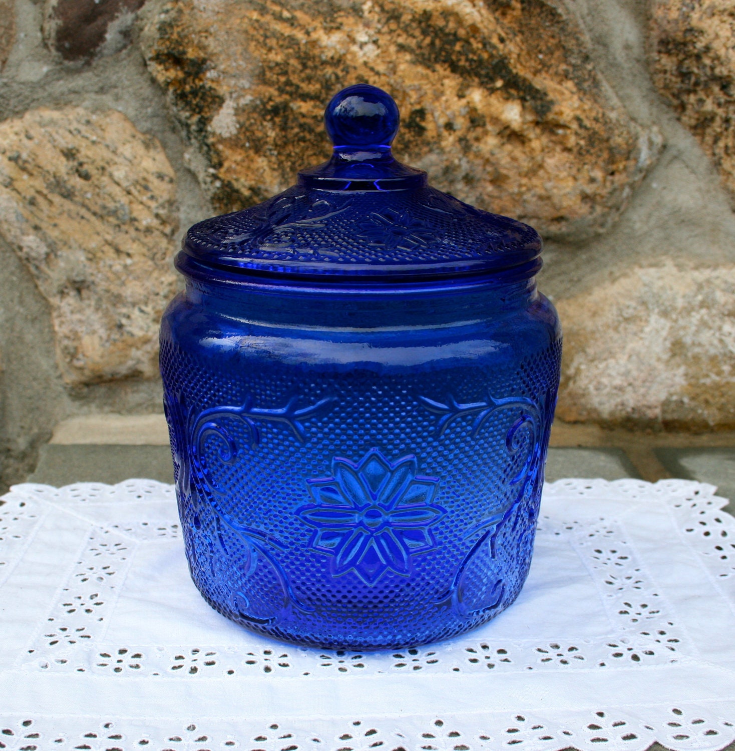 Vintage Cobalt Blue Cookie Jar or Snack Jar or Biscuit Barrel with Lid