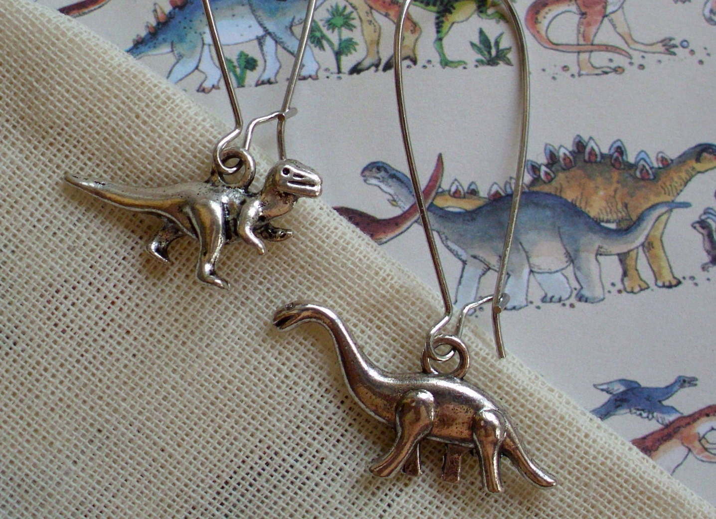 Dinosaur Earrings - Dino Dangle Earrings in Silver - Brontosaurus and Tyrannosaurus Rex / T Rex