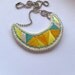 Crescent embroidered pendant necklace in pretty yellows and light teal tribal summer fashion