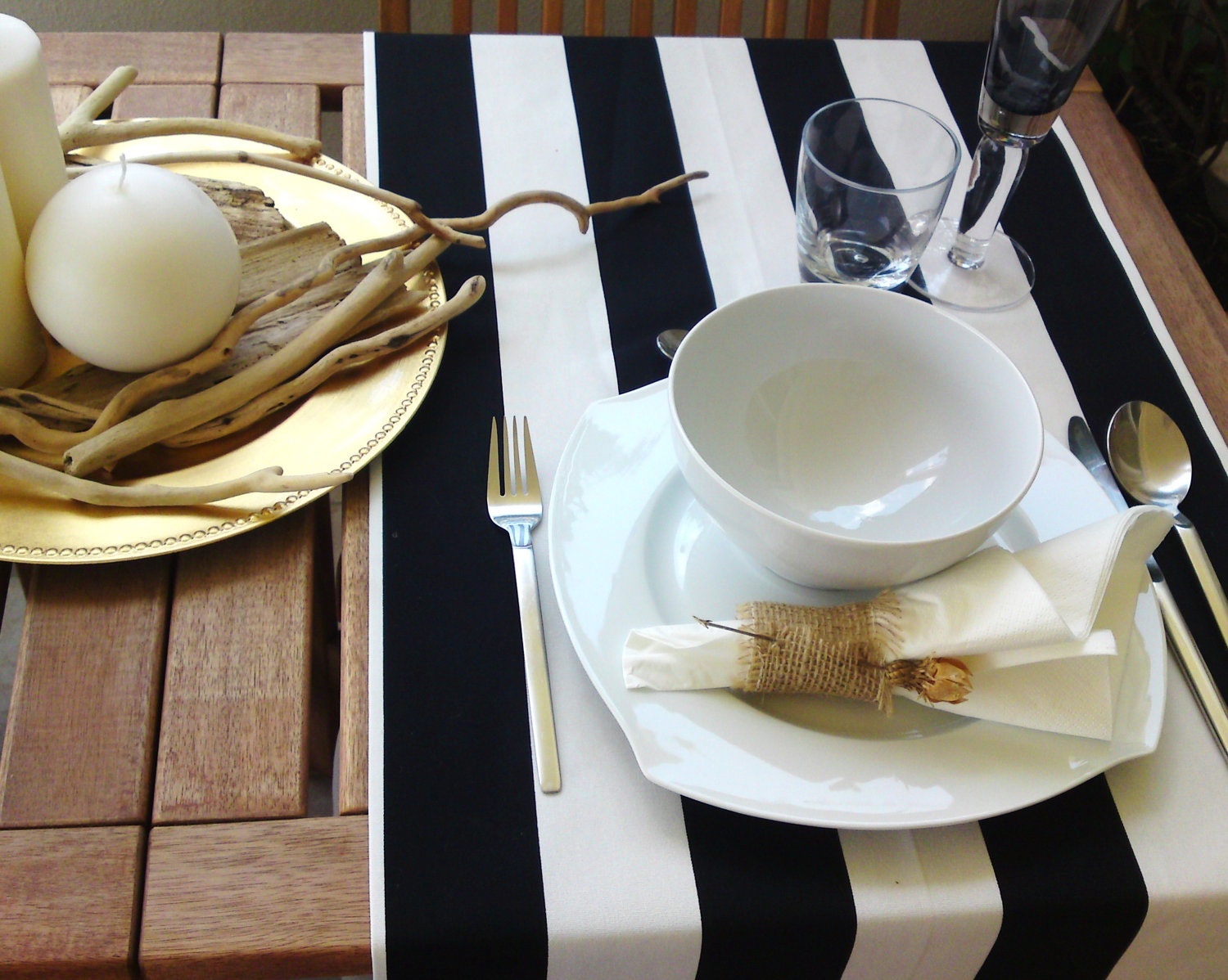 Beach wedding & bridal shower table runner-black and white stripes-table settings-cotton-2.5" wide stripes