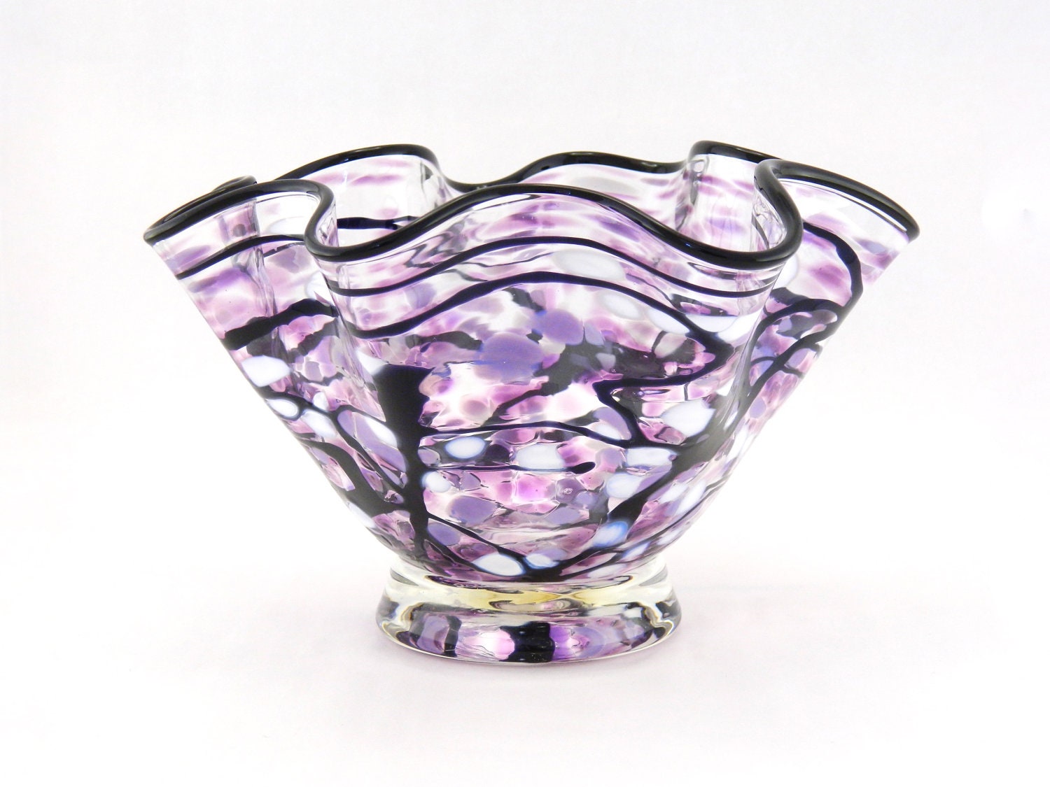 Hand Blown Art Glass Bowl - Freeform - Purple, Lavender, White, and Black - Fluted