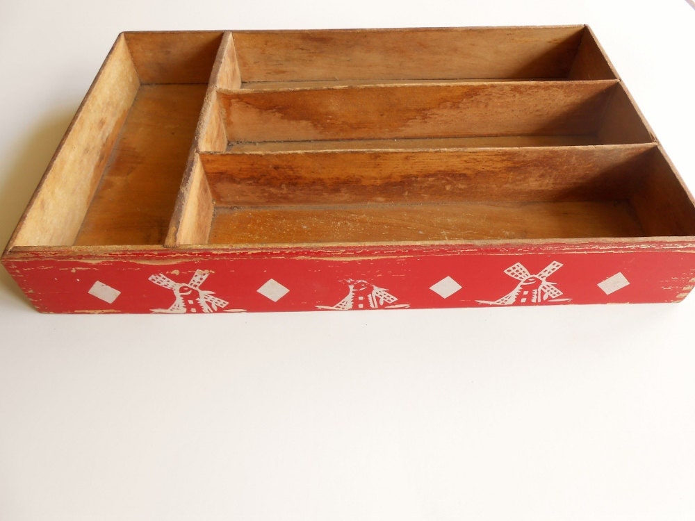 Vintage Red Wooden Utensil Tray