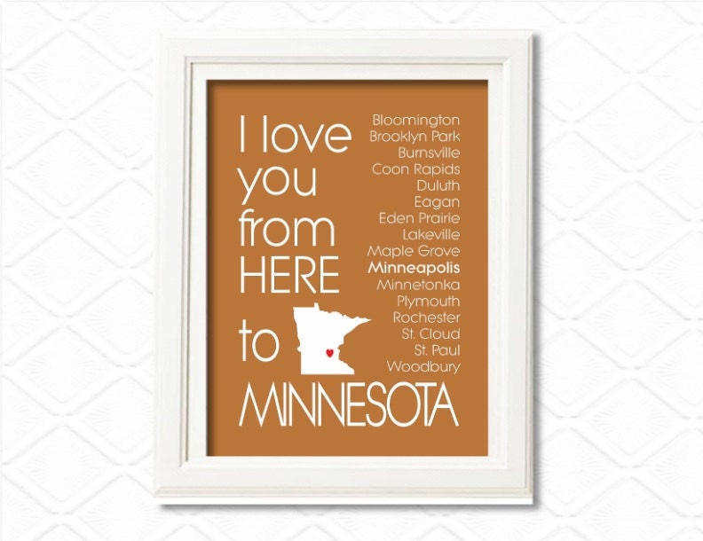 Minnesota Art State print, I Love You from here to Minnesota, 8x10 - Choose your state and background - Birthday and wedding gift