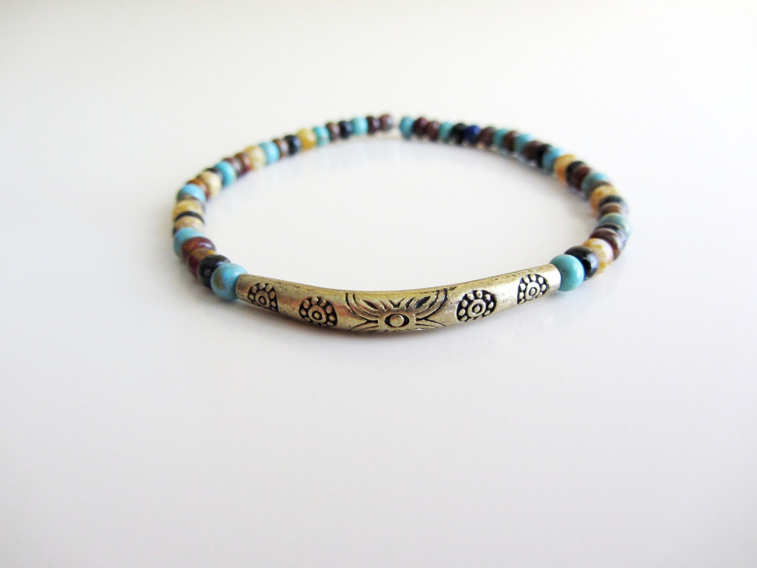 Seed Bead Stretch Bracelet, Czech Bead and Brass Stackable Bracelet