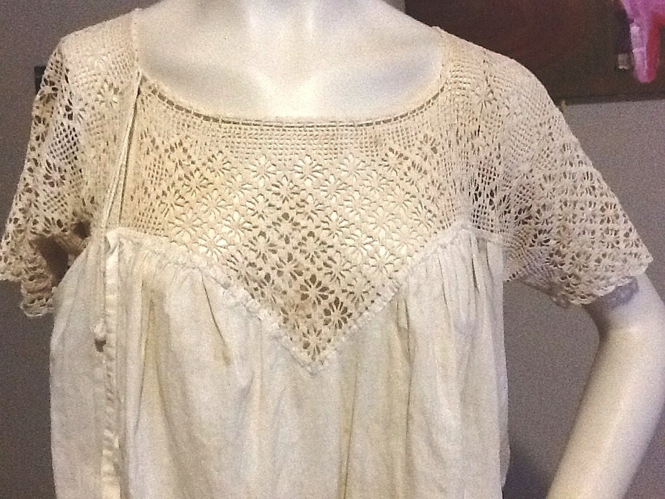 Vintage Crochet Lace Yoke Corset Cover Antique Victorian Shirt Blouse Lingerie Undergarment Steampunk Edwardian Handmade Ecru