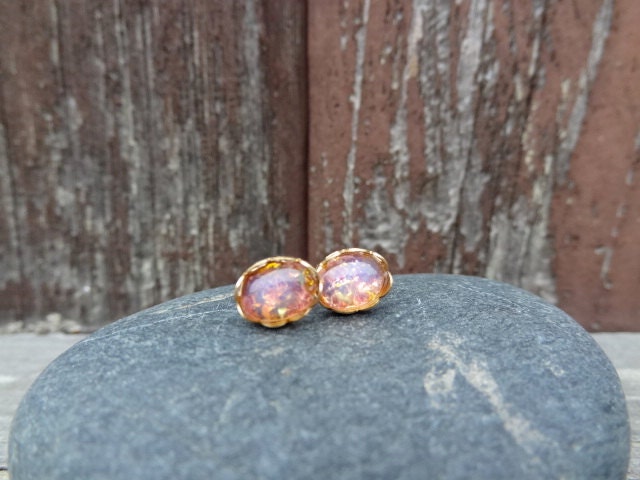 Lacy Edge with Vintage Harlequin Fire Opal. Stud Earrings Oval 8x6mm. Studs.