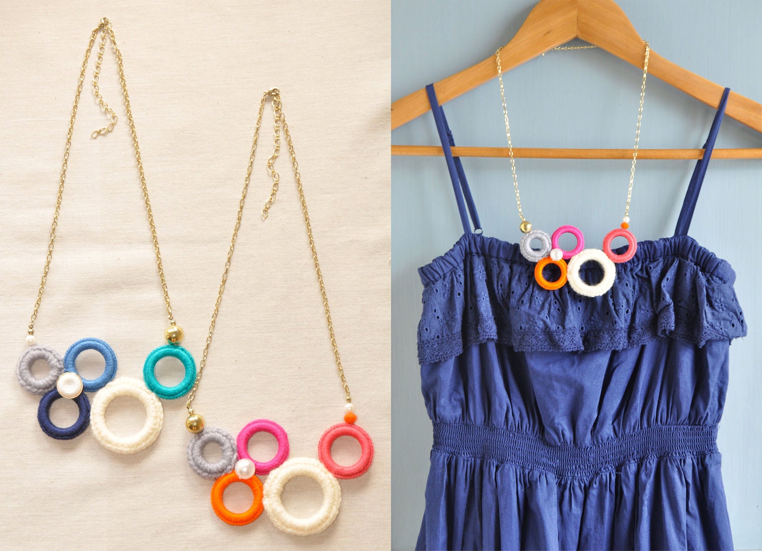 Bubble Bauble Crochet Rings Asymmetrical Necklace
