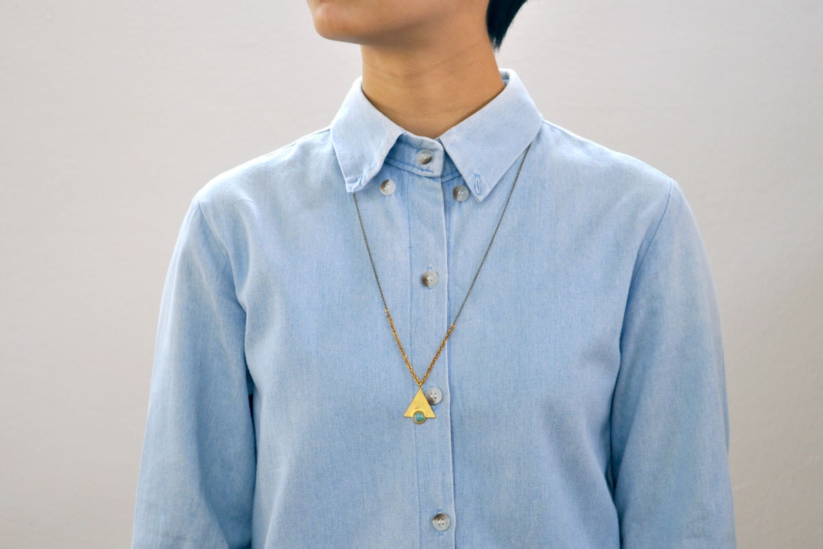 Geometric Necklace : Brass Triangle Necklace with a Blue Cab on Vintage Chain