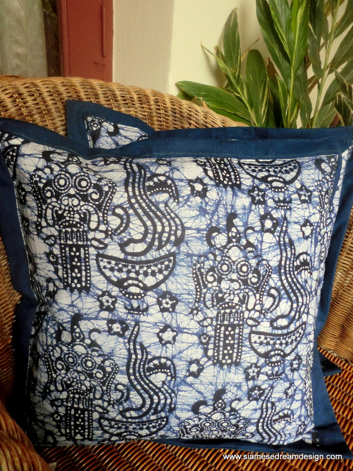 Indigo Blue and White Balinese Barong Batik Pillow/Cushion Cover - SiameseDreamDesign