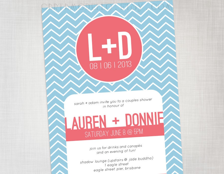 Printable Couples Shower Invitation in Blue and Pink Chevron Pattern