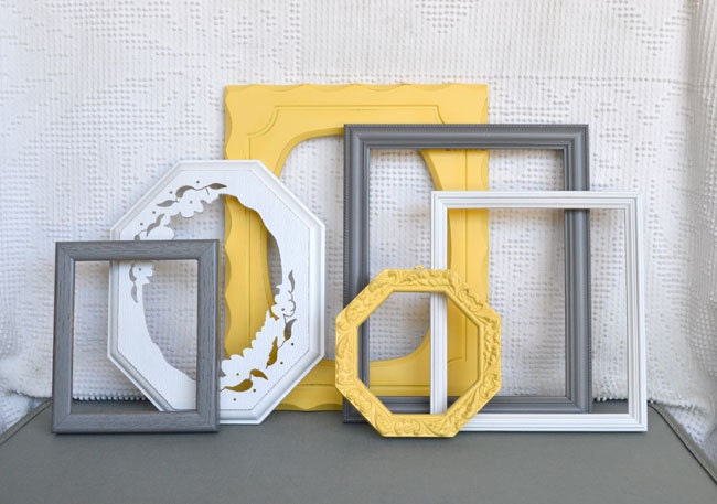 Yellow, Grey/Gray White Ornate Frames Set of 6 - Upcycled Frames Modern Bedroom Decor