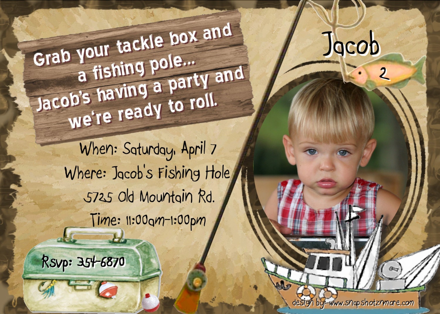 Fishing Birthday Party Invitation Boys Theme Boat fishing pole Personalized PHOTO Custom CARD Fishin Hunting for fish