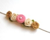 Pocket Full of Posies, Vintage Style Girl's Headband with 5 Blooms in cream, camel, and pink, Wool Felt Flowers on thin elastic headband