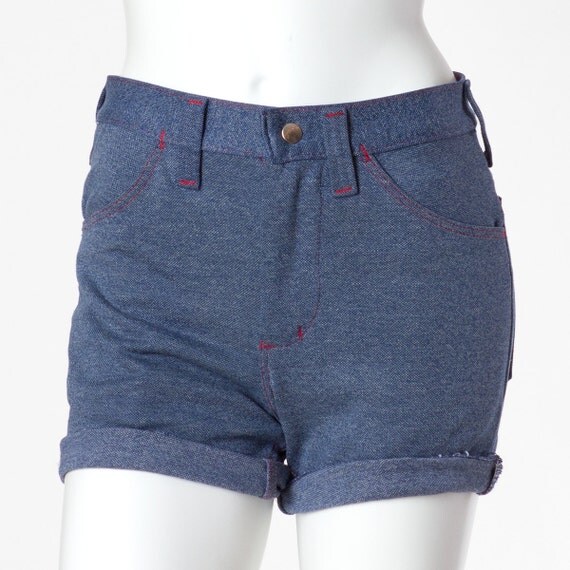 80s Vintage Shorts Denim Pattern Red Stitching Small Medium