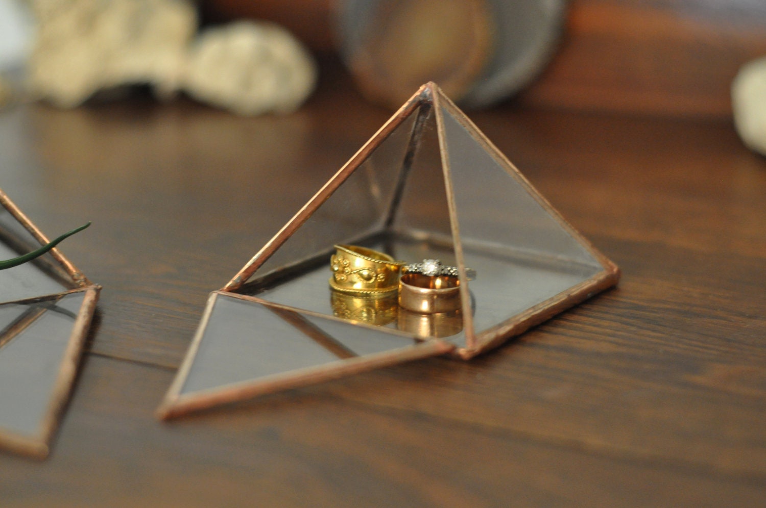 Pyramid Display Box - small glass pyramid - jewelry box - hinged - silver or copper - eco friendly