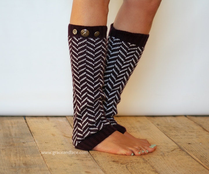 Chevron Crest : PLUM Chevron Leg Warmers w/ Assorted Gold Metal Military Buttons (item no.1-41)