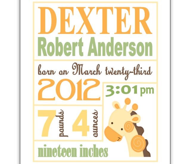 Buy announcements gifts invitations - CUSTOM Giraffe Typography Birth Announcement Print - Baby Boy or Girl Gift (8x10)