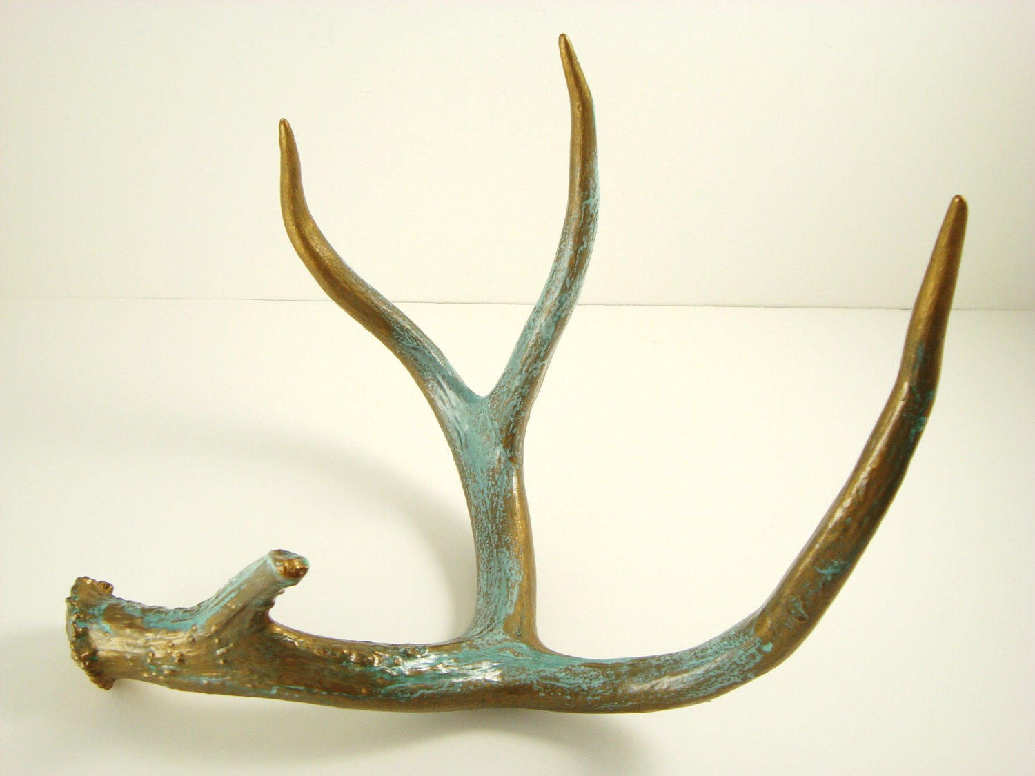 Painted Deer Antler Gold Natural Aqua Patina Art Sculpture