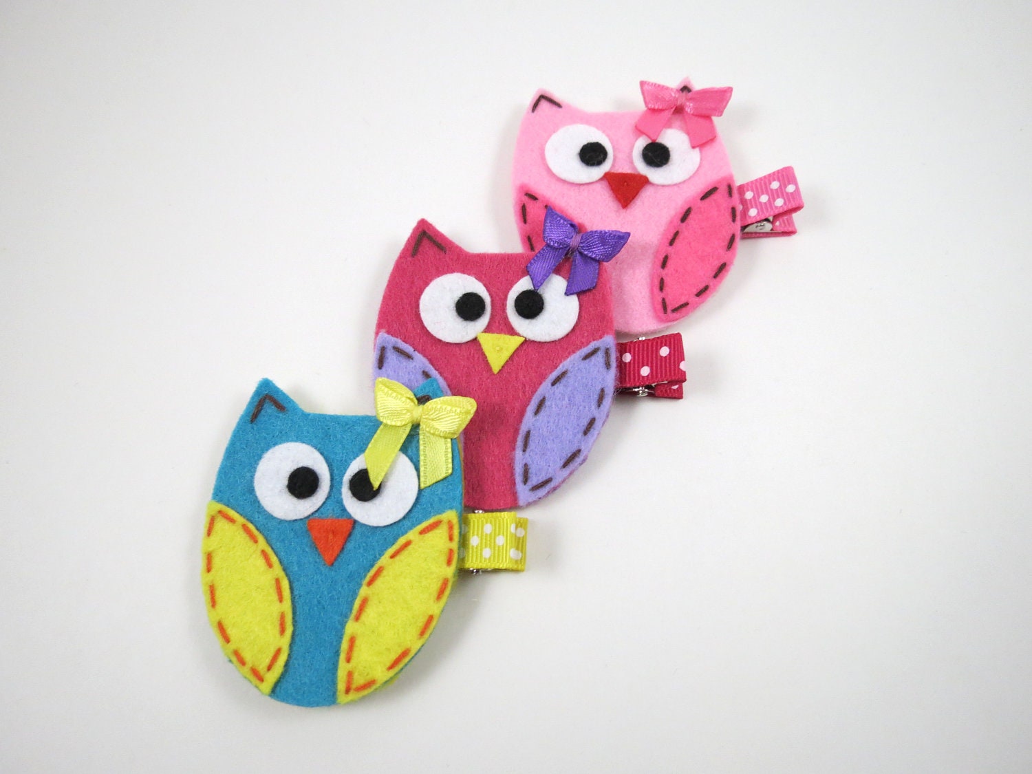 Owl Hair Clips - Owl Hair Bows - Hair Bow Set - Hair Clip Set - Owl Party Favors - Pink Purple Blue Yellow Fuschia Hair Clips