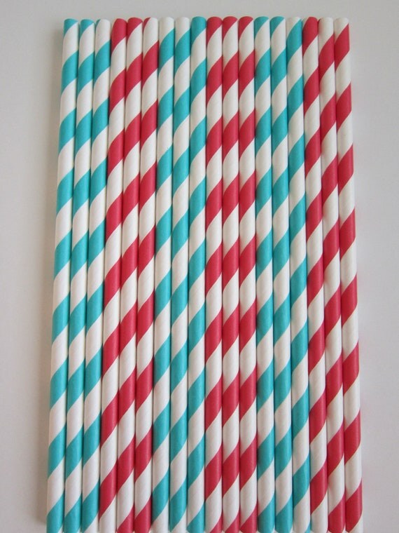 24 Caribbean & Red Carnival Striped Paper Drinking Straws Il_570xn