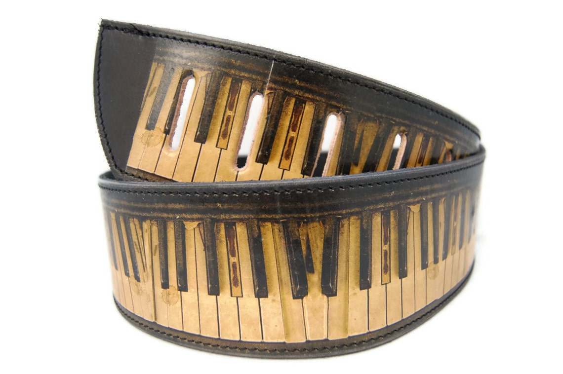 Handmade leather guitar strap - vintage PIANO keyboard
