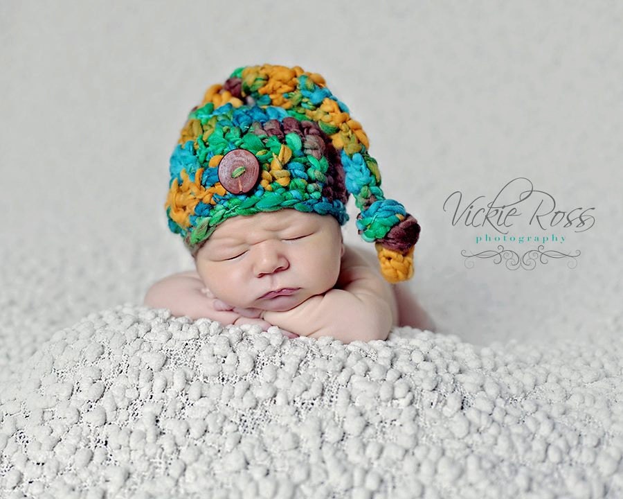 Pixie Elf Hat,Boy, Long Tail, Merino Wool, Handspun,Orange, Green, Yellow, Brown, Oak Button,Newborn to 3 month, Photo Prop, Ready to ship