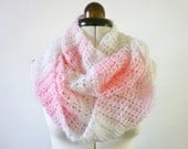 Cowl scarf pink and white ombre , crochet white infinity scarf , white scarf