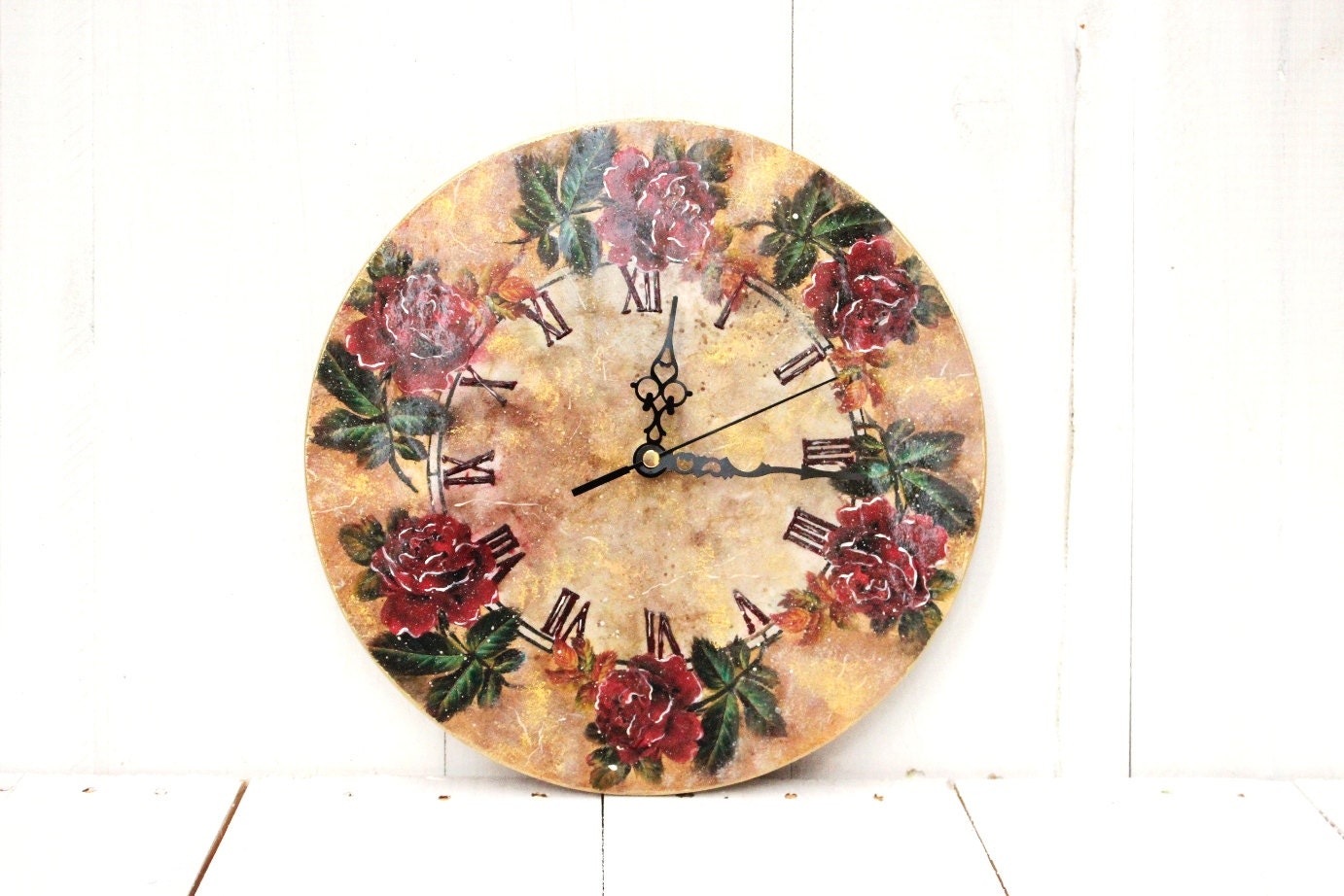 Floral Wall Clock  Home Hanging Decor Red Roses