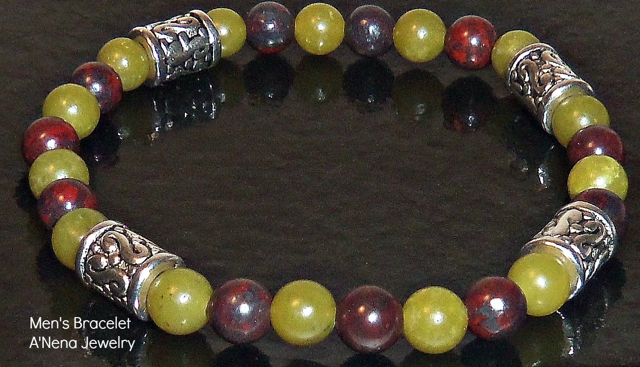 Men's Bracelet " Manifest" Green Quartzite and Brecciated Jasper