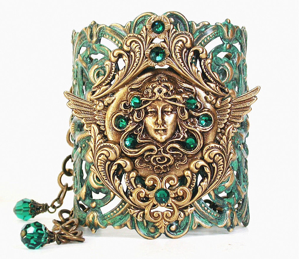 Flying Medusa on Victorian Lace Oversized Cuff Bracelet - Verdigris Patina on Brass