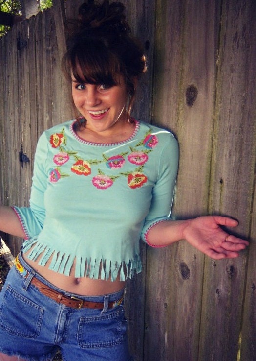Teal Floral & Fringe Blouse