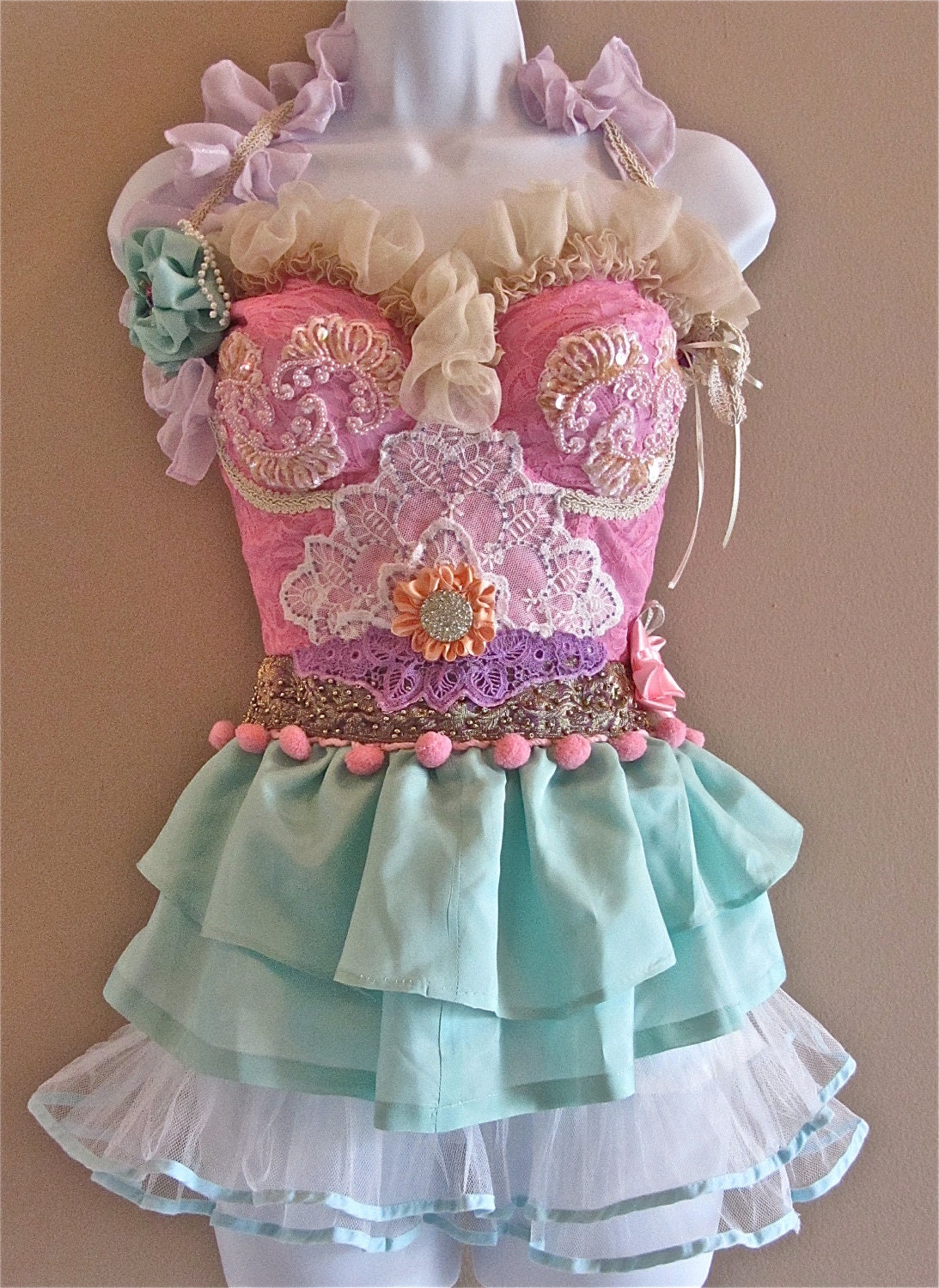 Circus Circus Corset Water For Elephants Detailed In Beads Flowers Roses and Ruffles Bawdy Beautiful