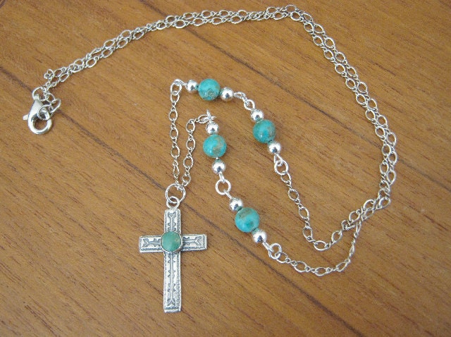 Sterling Silver and Genuine Turquoise Gemstone Hand Stamped Cross