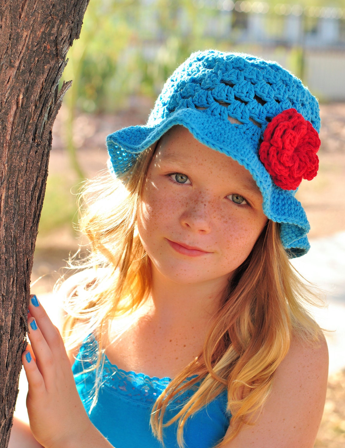 Girls Crochet Sun Hat - Hot Blue and Red Flower Summer Cotton Hat