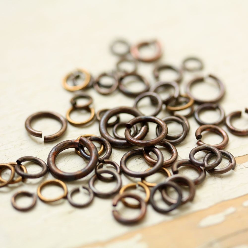 50 Assorted Antiqued Brass Jump Rings, Hand Oxidized Saw Cut Solid Brass Jumprings - 20 19 18 16 gauge Assortment Mix, Findings